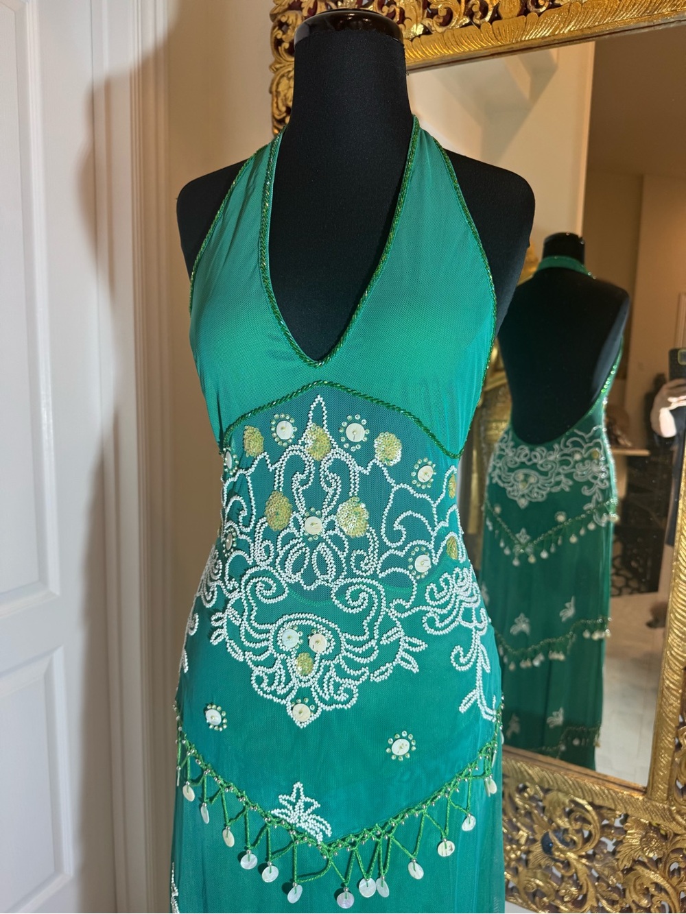 Emerald Green Halter Maxi Dress with hand beaded & hand Embroidery/ real shells - Picture 7 of 12